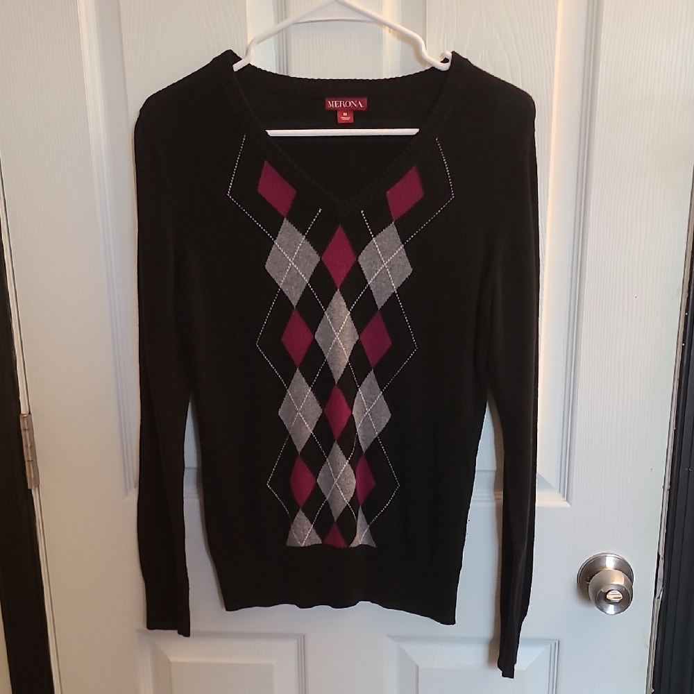 Merona Black Sweater with Pink and Gray Argyle Pattern